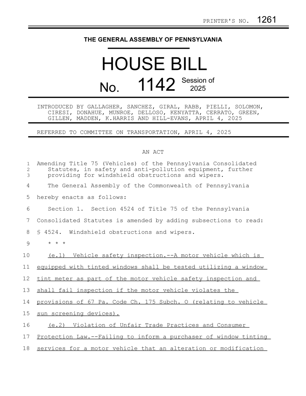 Pennsylvania Assembly amends vehicle safety inspection rules on window tinting