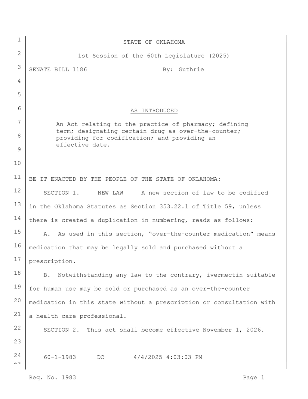Oklahoma Senate passes bill designating ivermectin as over-the-counter medication