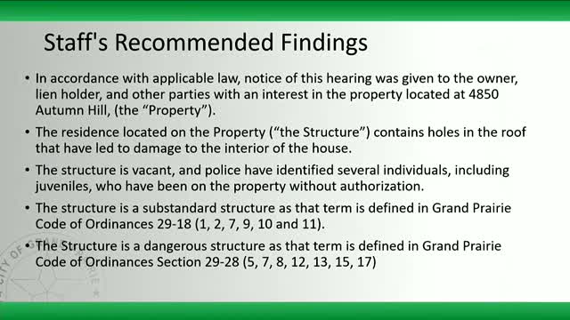 Grand Prairie orders repairs or demolition of dangerous structure at 4850 Autumn Hill