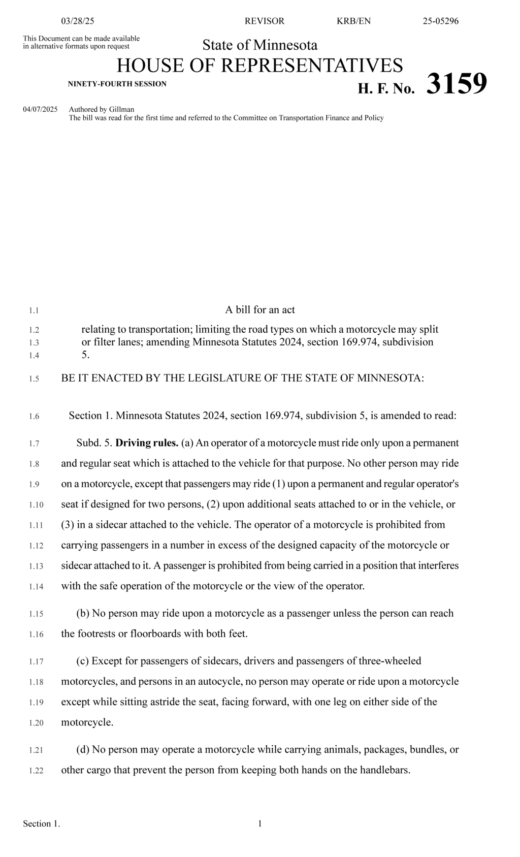 Minnesota lawmakers propose motorcycle lane splitting limitations in new transportation bill