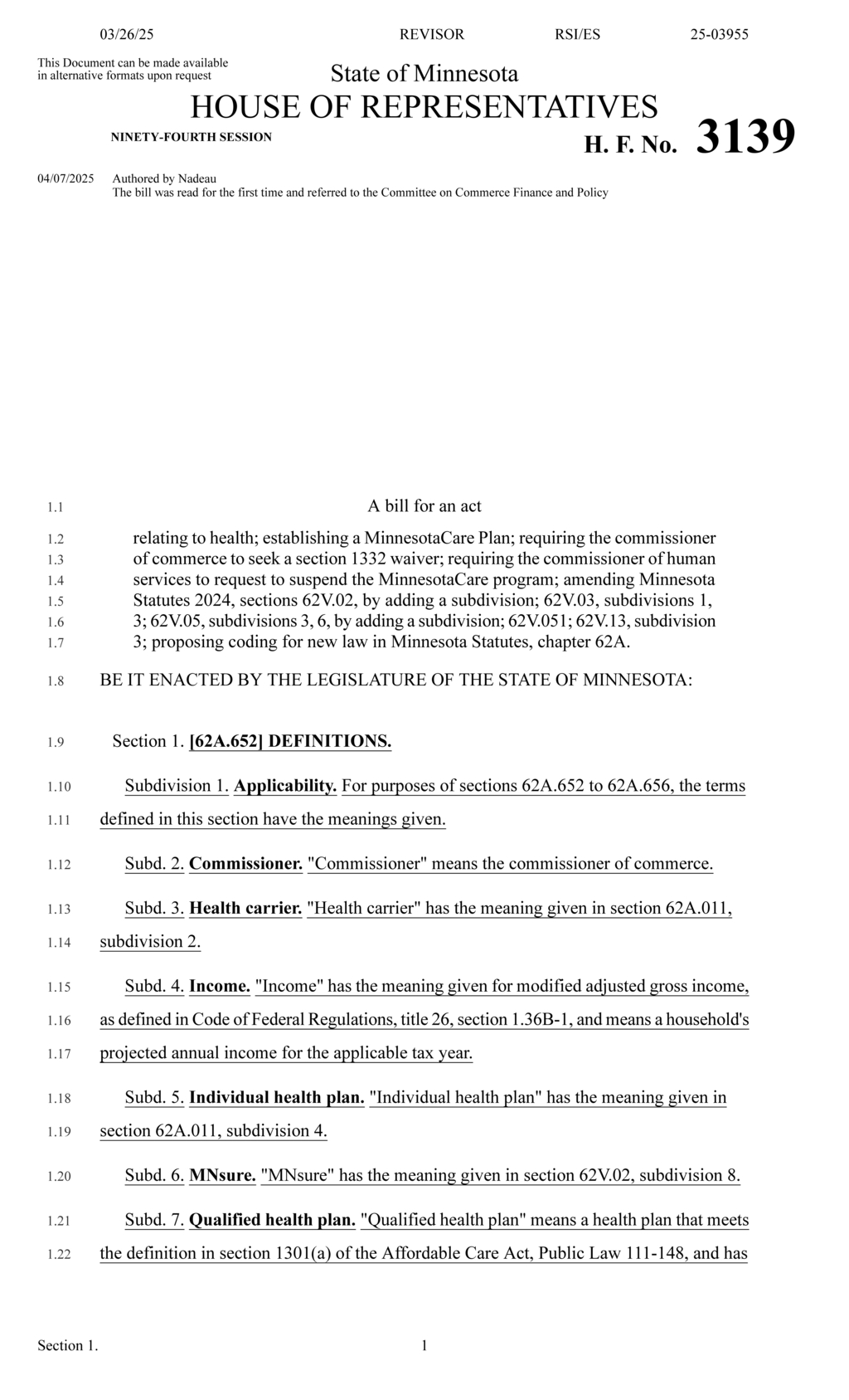 Minnesota House introduces bill to establish MinnesotaCare Plan and seek waiver
