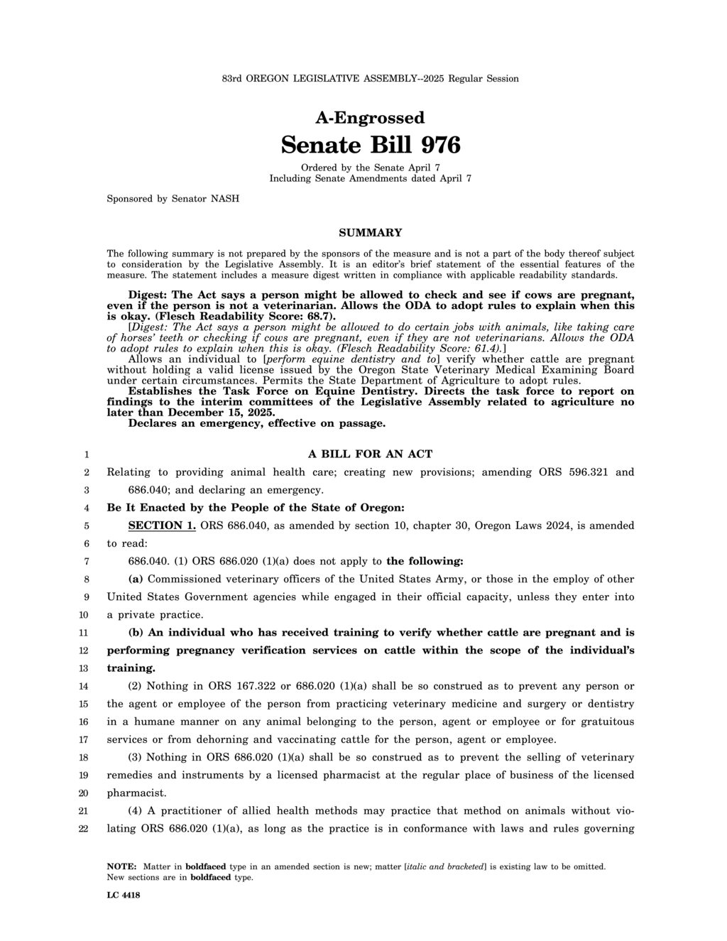 Oregon State Veterinary Board updates regulations for veterinary practice and disease reporting