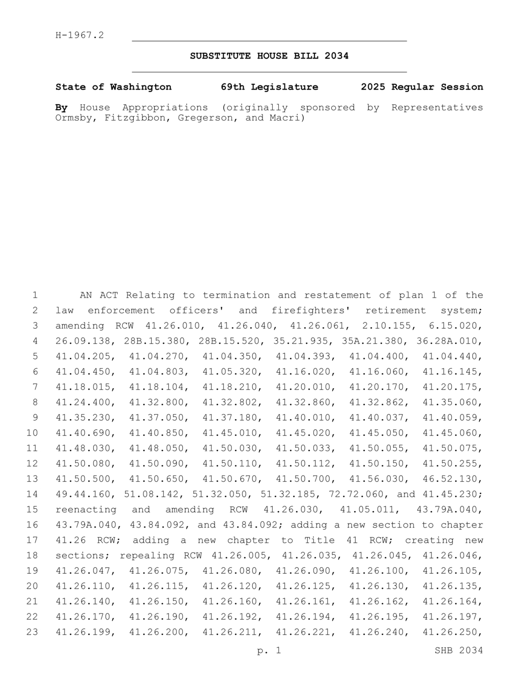 Washington Legislature enacts new rules for LEOFF Plan 1 retirement system
