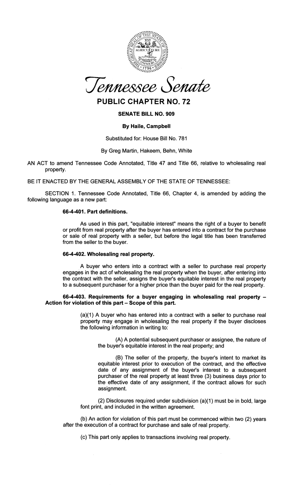 Tennessee Senate passes new wholesaling real property legislation