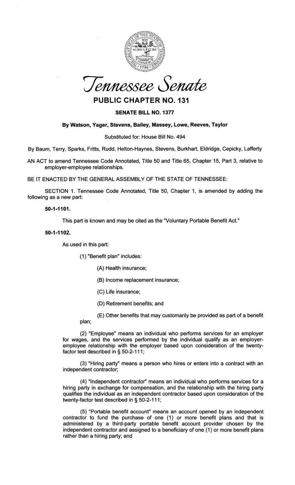 Tennessee amends law to establish portable benefit accounts for independent contractors