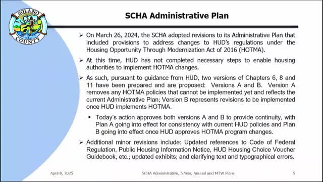 Solano County Housing Authority approves revised 5-year plan and landlord incentive program