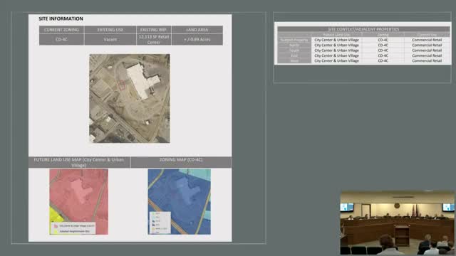 Commission grants limited glazing relief for Columbia Mall outparcel, requires glazed entrance doors; EIFS/material deviation denied
