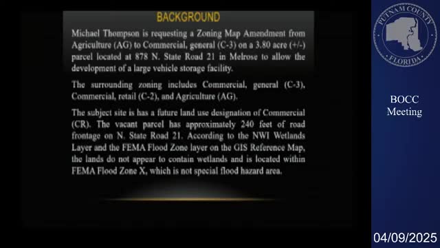 Putnam County reviews zoning amendment from agriculture to commercial for North State Road 21