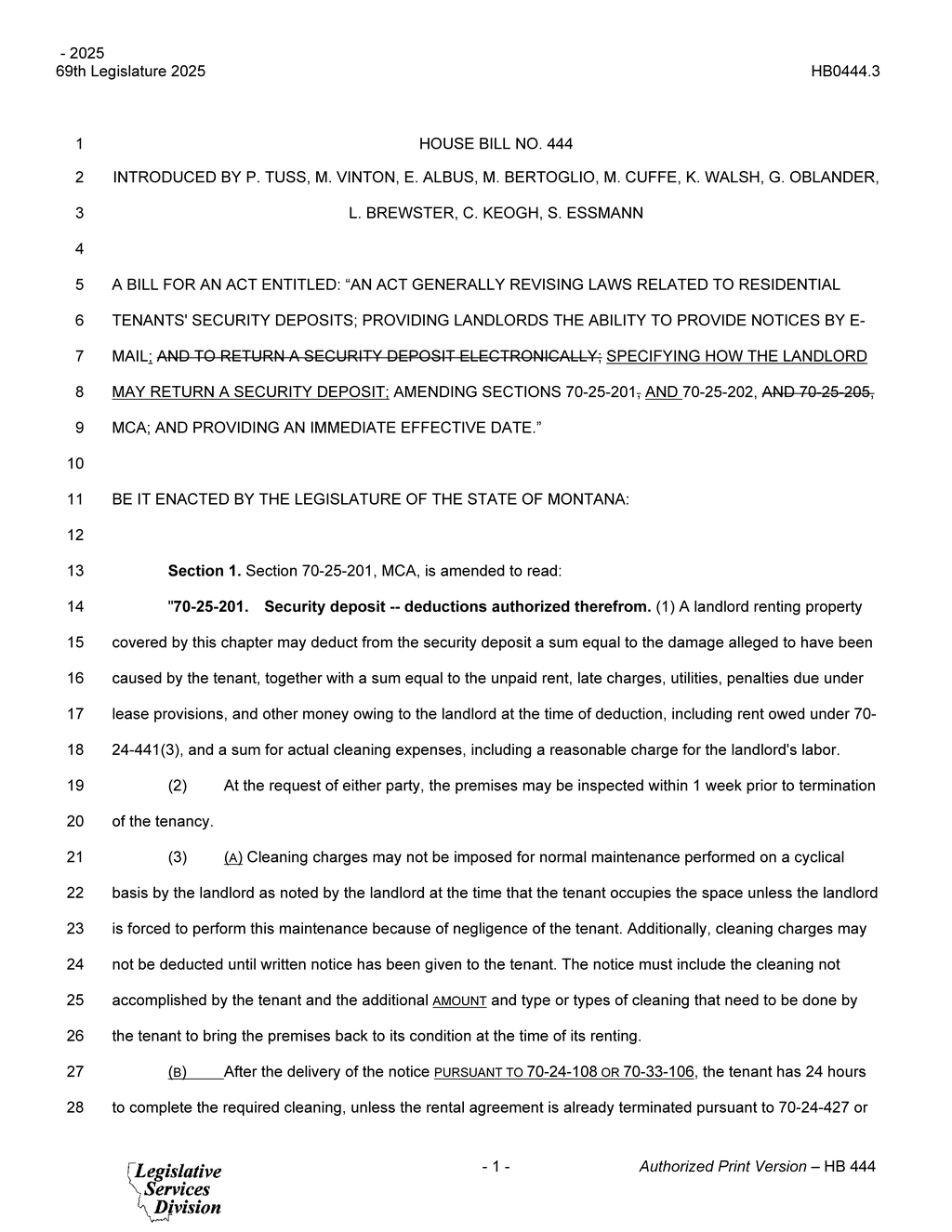 69th Legislature passes HB 444 allowing electronic security deposit refunds to tenants