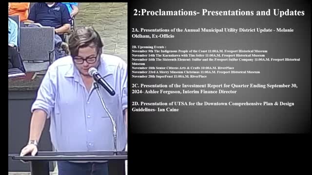 Ian Kane presents Freeport's comprehensive downtown revitalization plan to city council