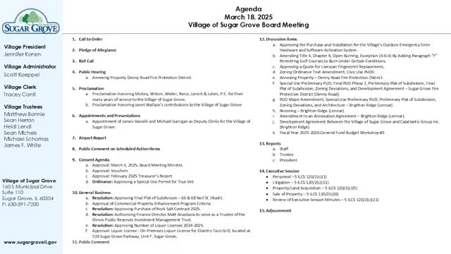 Sugar Grove Trustees approve subdivision and liquor licenses for 2024-2025