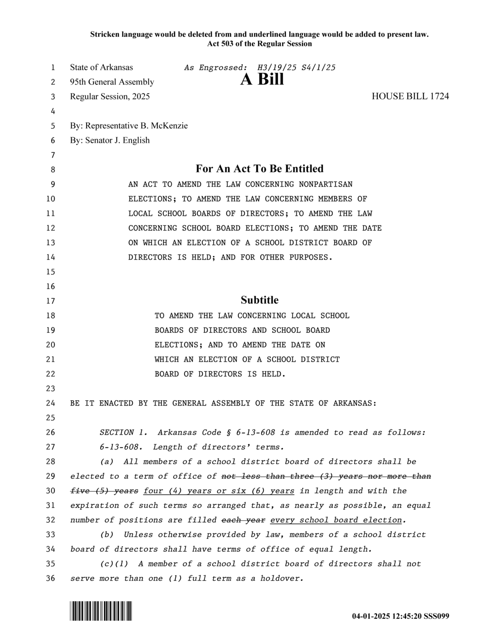 Arkansas House Bill 1724 adjusts school board election term lengths