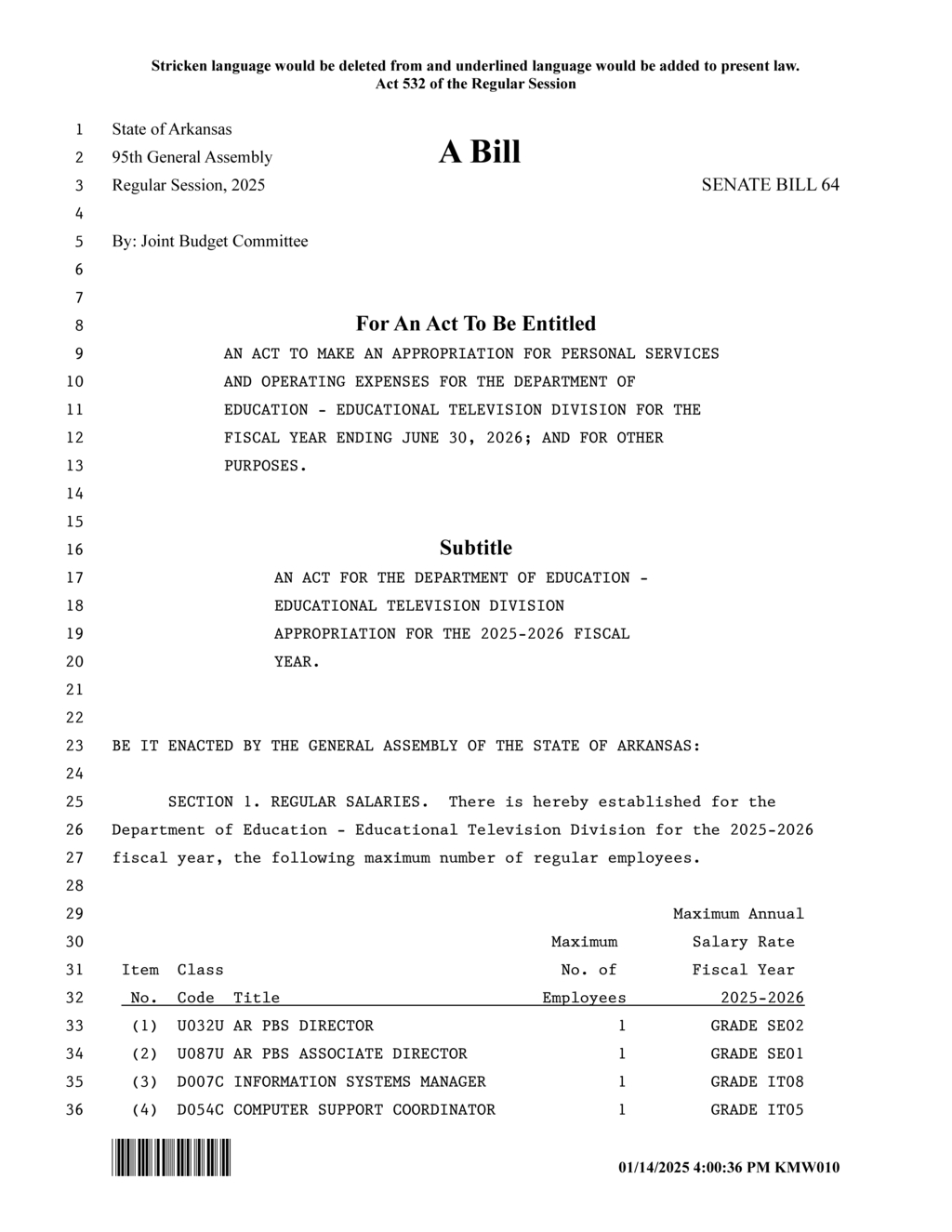 Arkansas Department of Education budget allocates funds for Educational Television Division