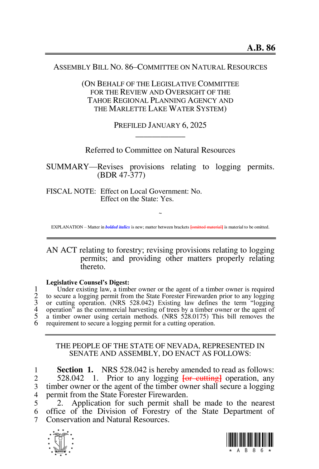 Nevada Assembly reviews AB86 to revise logging permit requirements