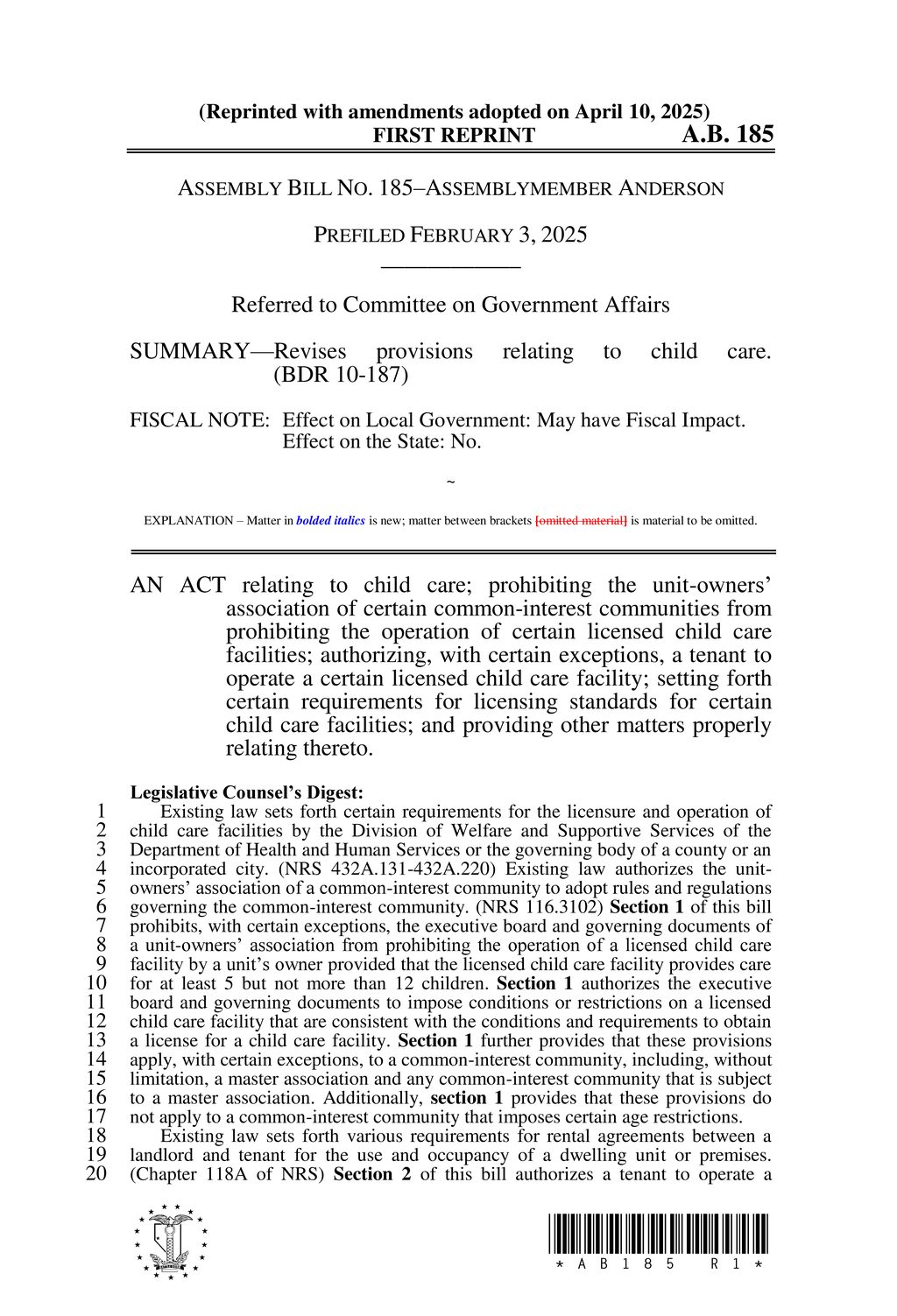 Nevada bill eases licensing for child care facilities in common-interest communities