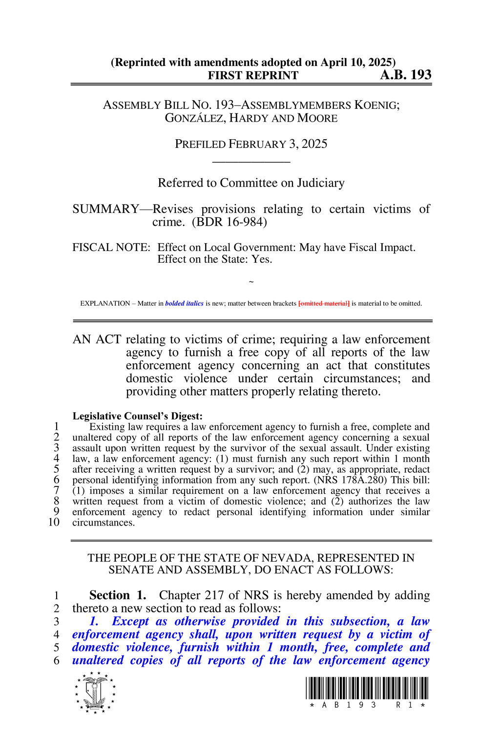 Nevada lawmakers advance AB193 to protect domestic violence victim information