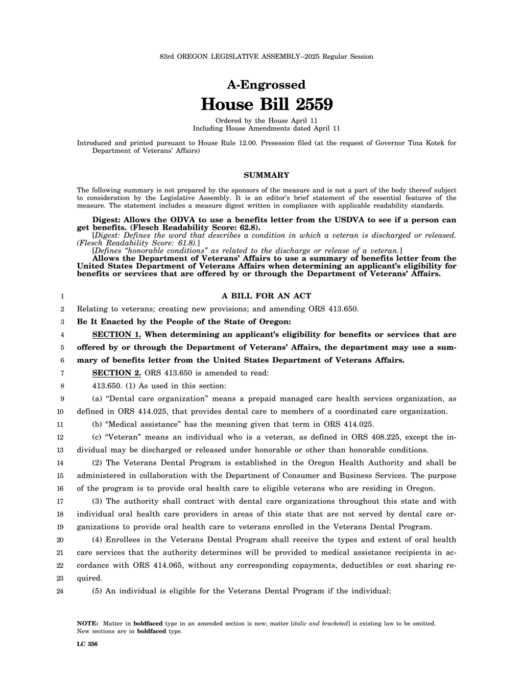 Oregon House passes veterans benefits bill expanding eligibility for dental care services