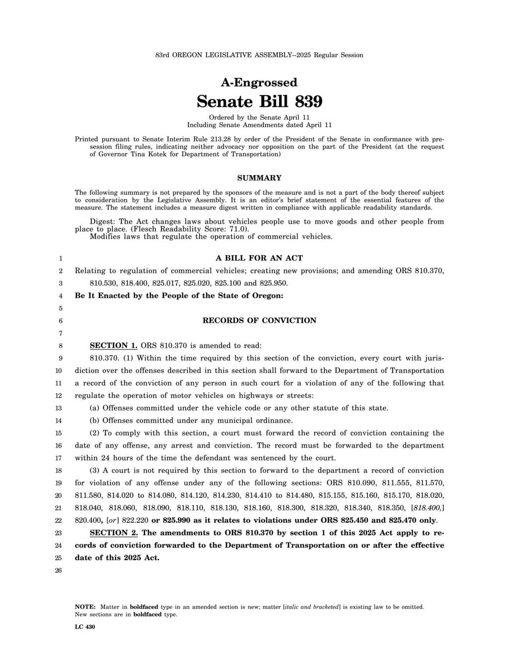 Oregon Senate passes Bill 839 to regulate commercial vehicle operations