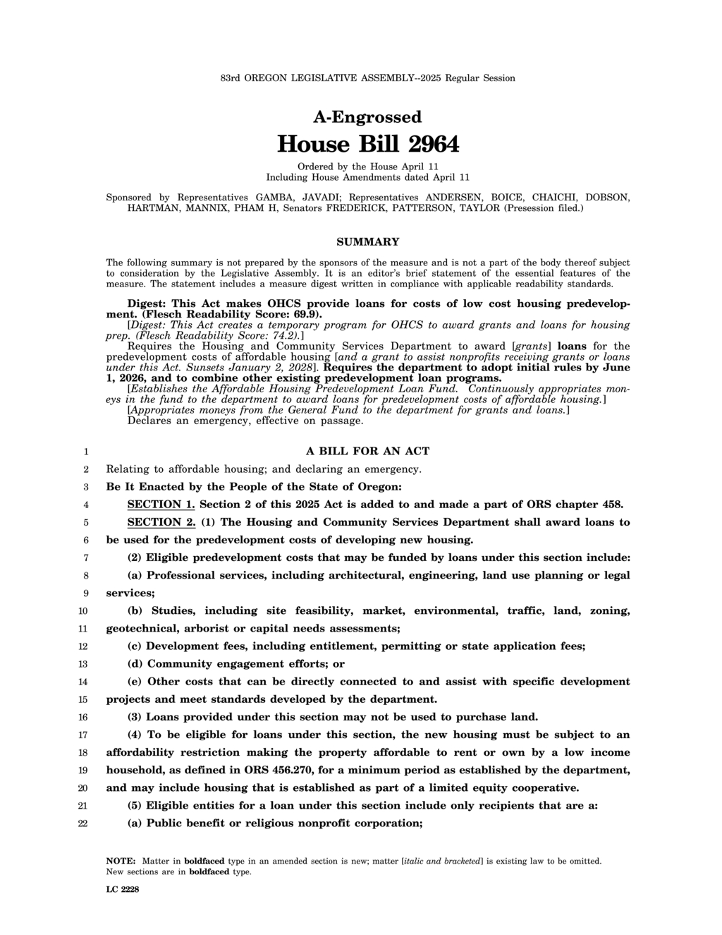 Oregon House passes Bill 2964 to fund affordable housing predevelopment costs
