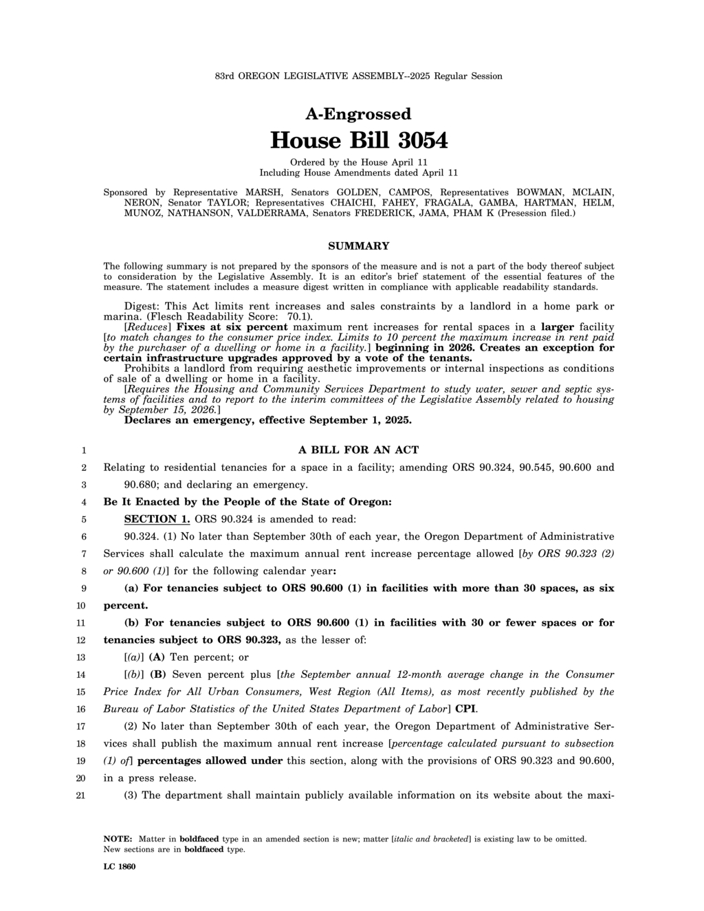 Oregon House approves HB 3054 allowing former tenants to sell manufactured homes