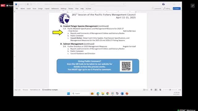 Council adopts two‑year harvest guideline for Pacific mackerel based on catch‑only projection