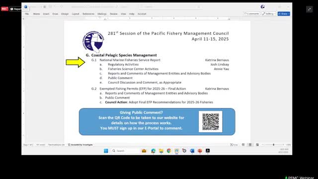 Doctor Annie Yao presents Pacific fisheries research updates to Southwest Fisheries Council