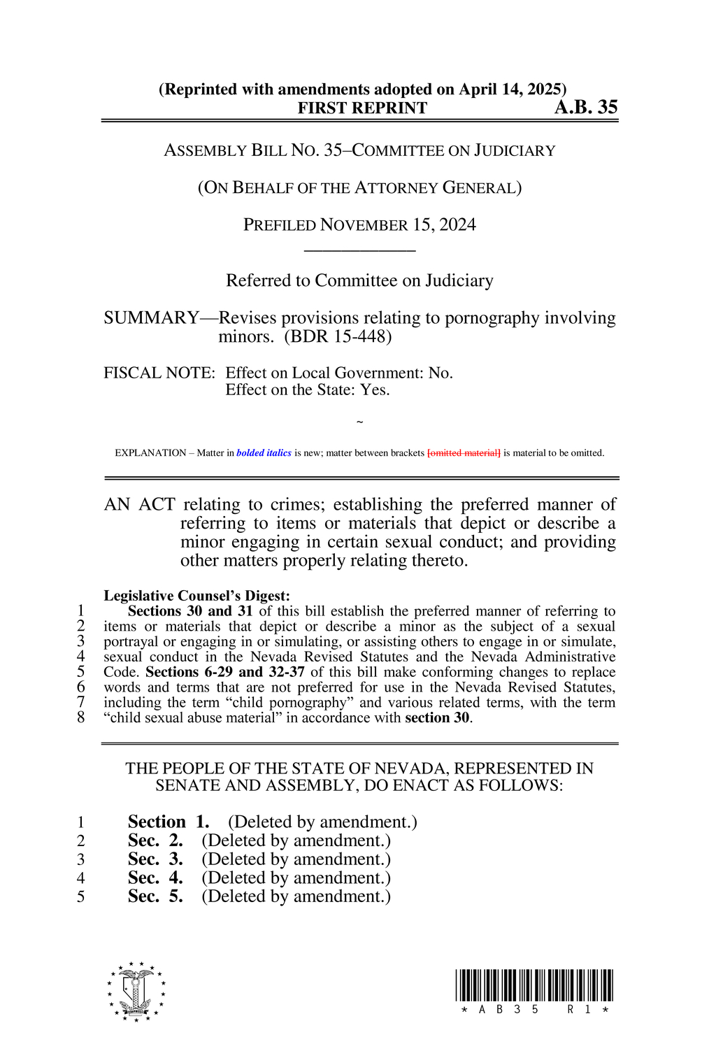 Nevada Assembly Bill 35 clarifies sex offender registration standards