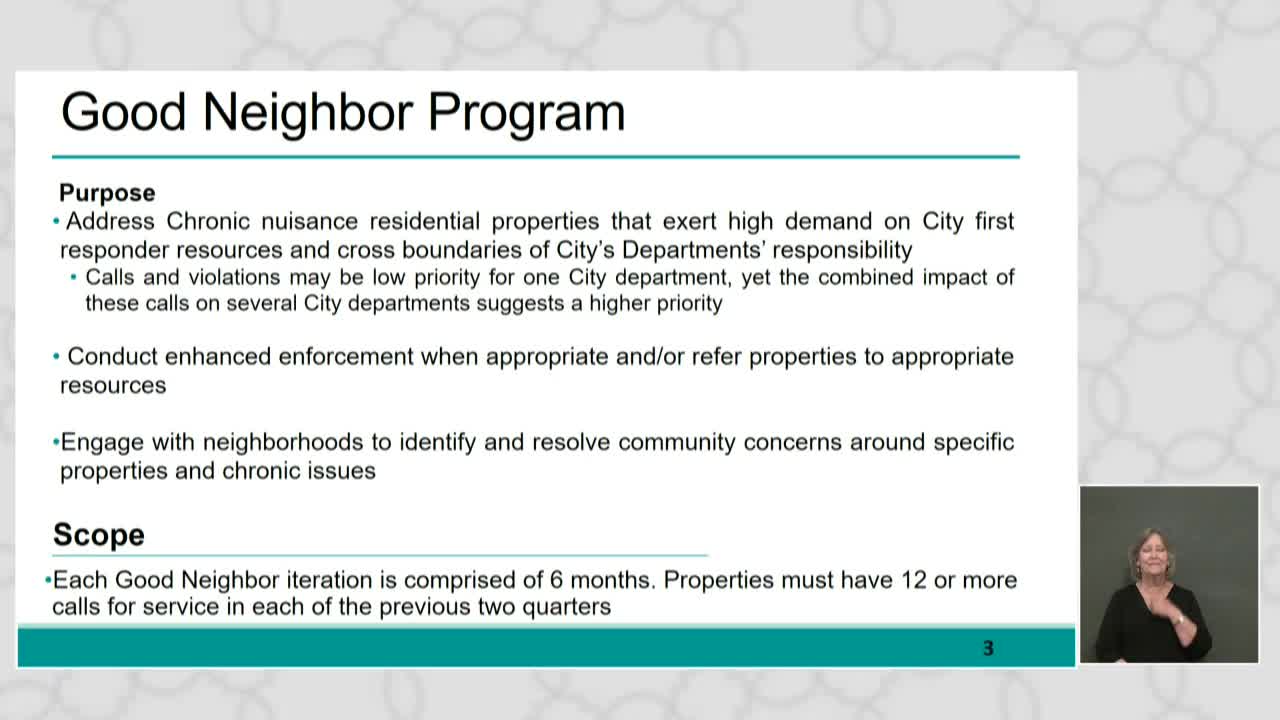 Committee hears update on Good Neighbor pilot targeting properties with frequent 311/911 calls