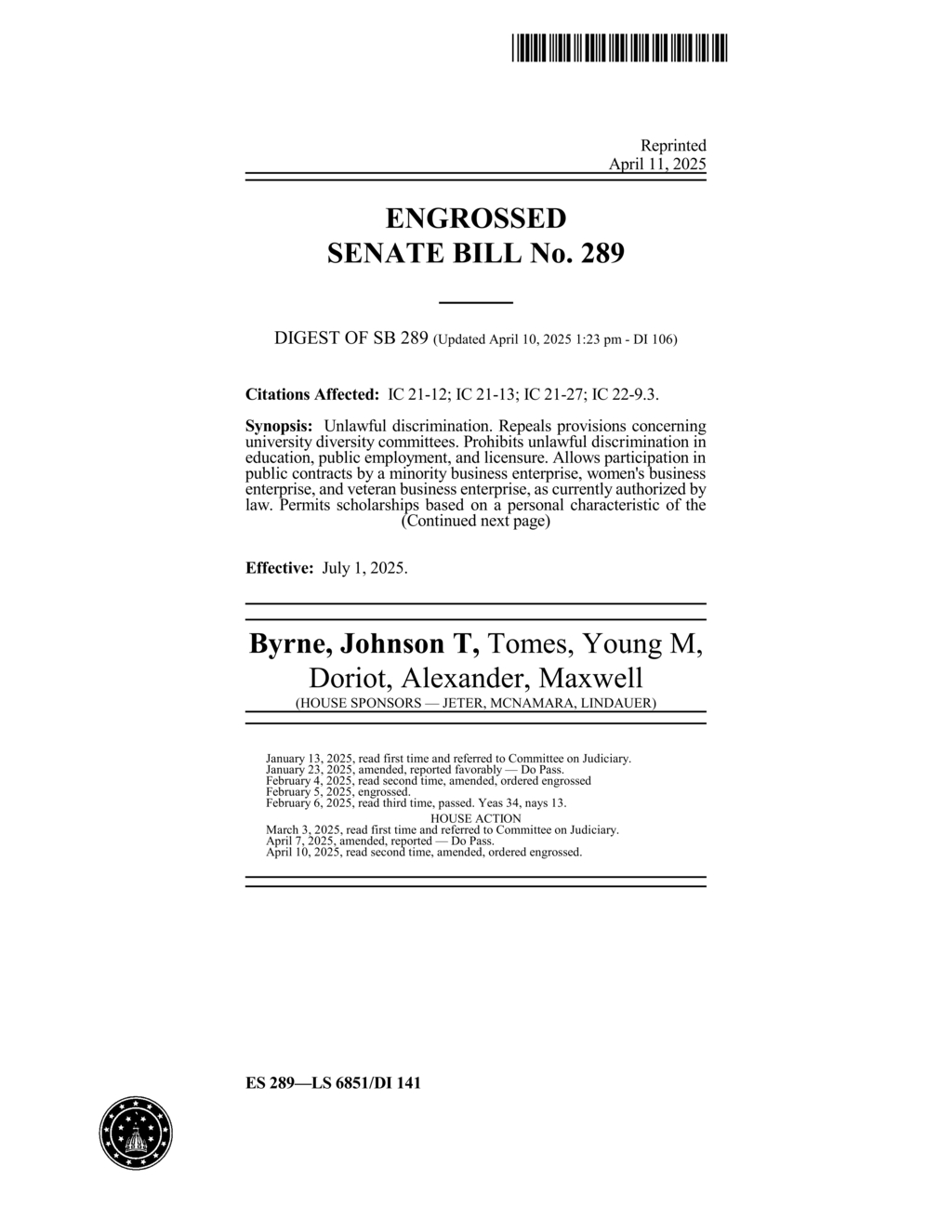 Indiana Senate passes SB 289 prohibiting unlawful discrimination in education and employment