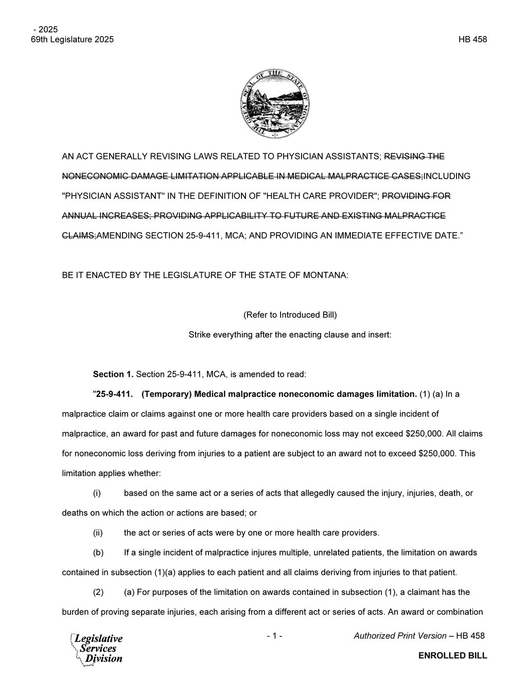 Montana House Bill 458 revises medical malpractice laws for physician assistants