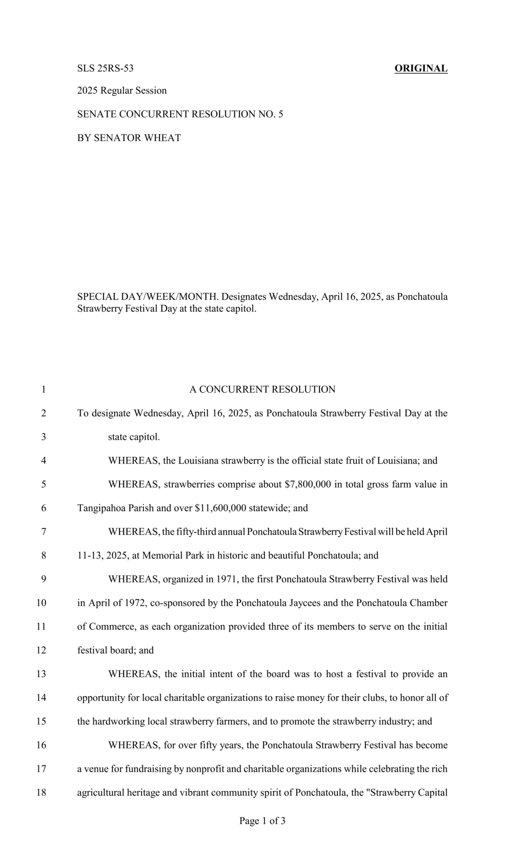 Louisiana designates April 16 2025 as Ponchatoula Strawberry Festival Day