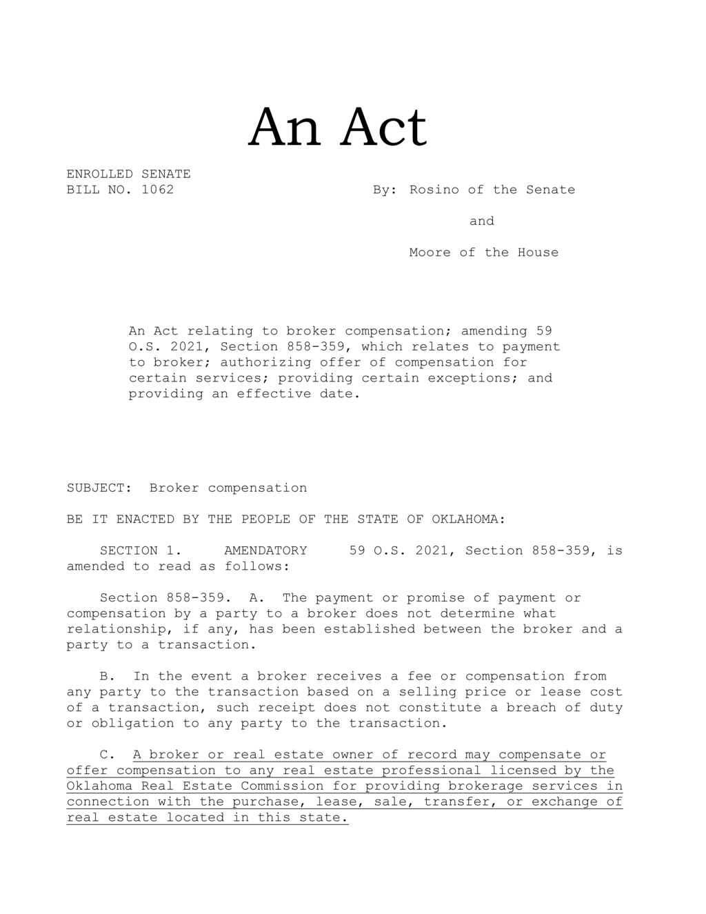 Oklahoma Senate passes Bill 1062 to amend broker compensation rules