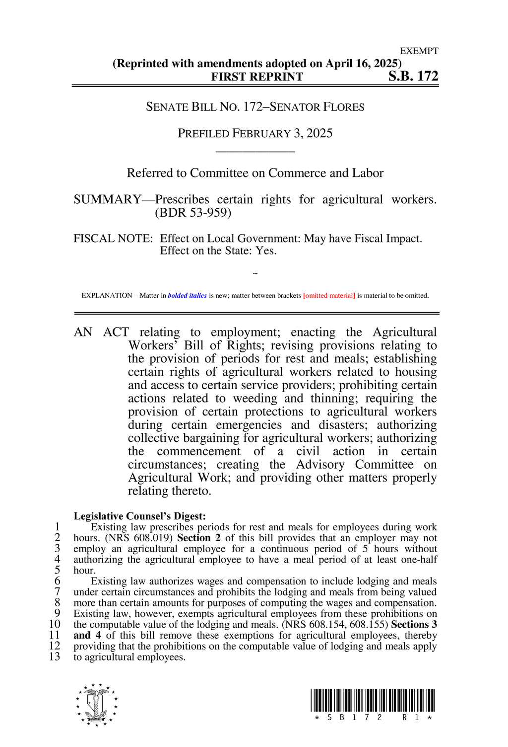 Nevada legislature amends labor laws to enhance agricultural workers' rights