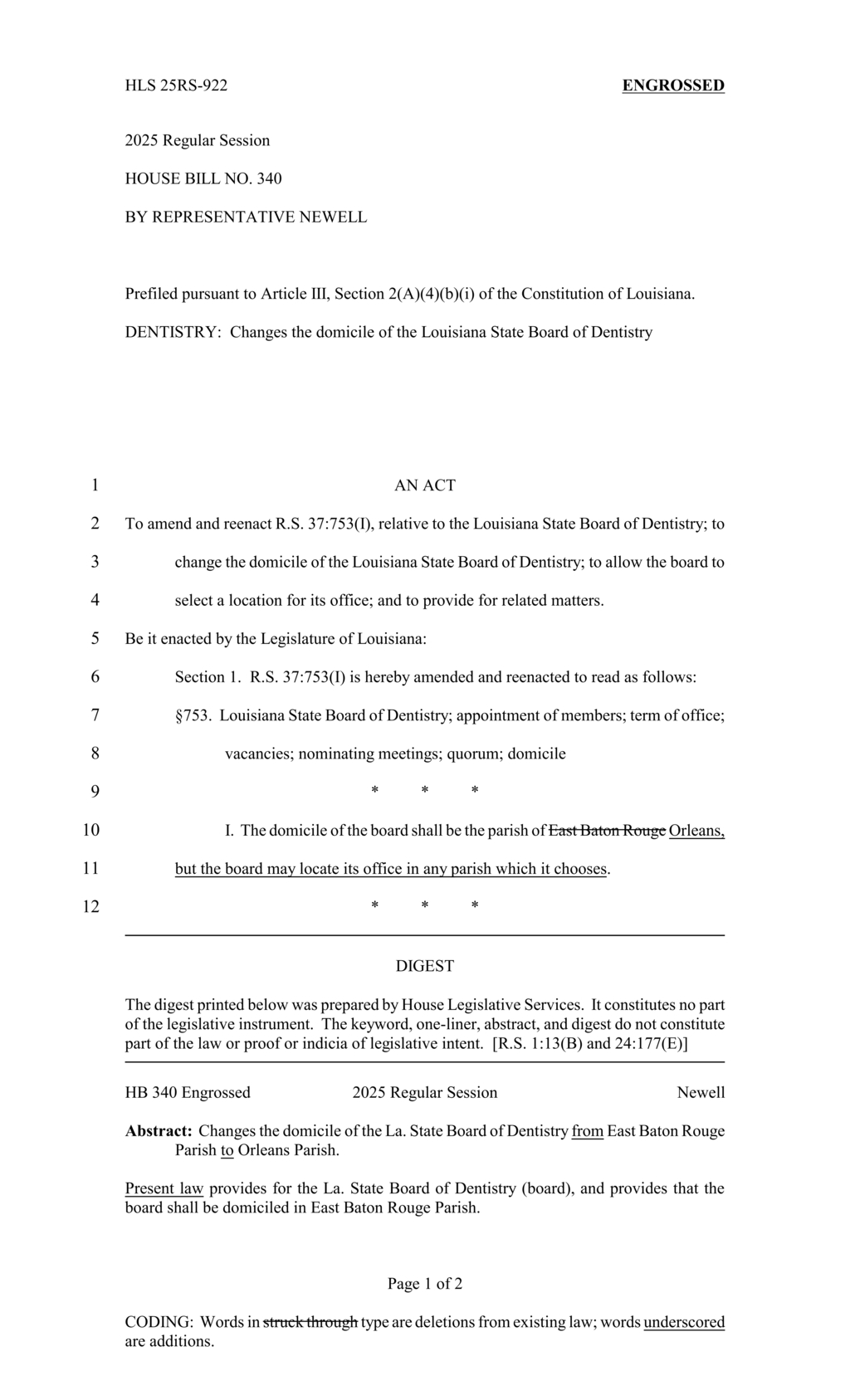 Representative Newell proposes relocation of Louisiana State Board of Dentistry to Orleans Parish