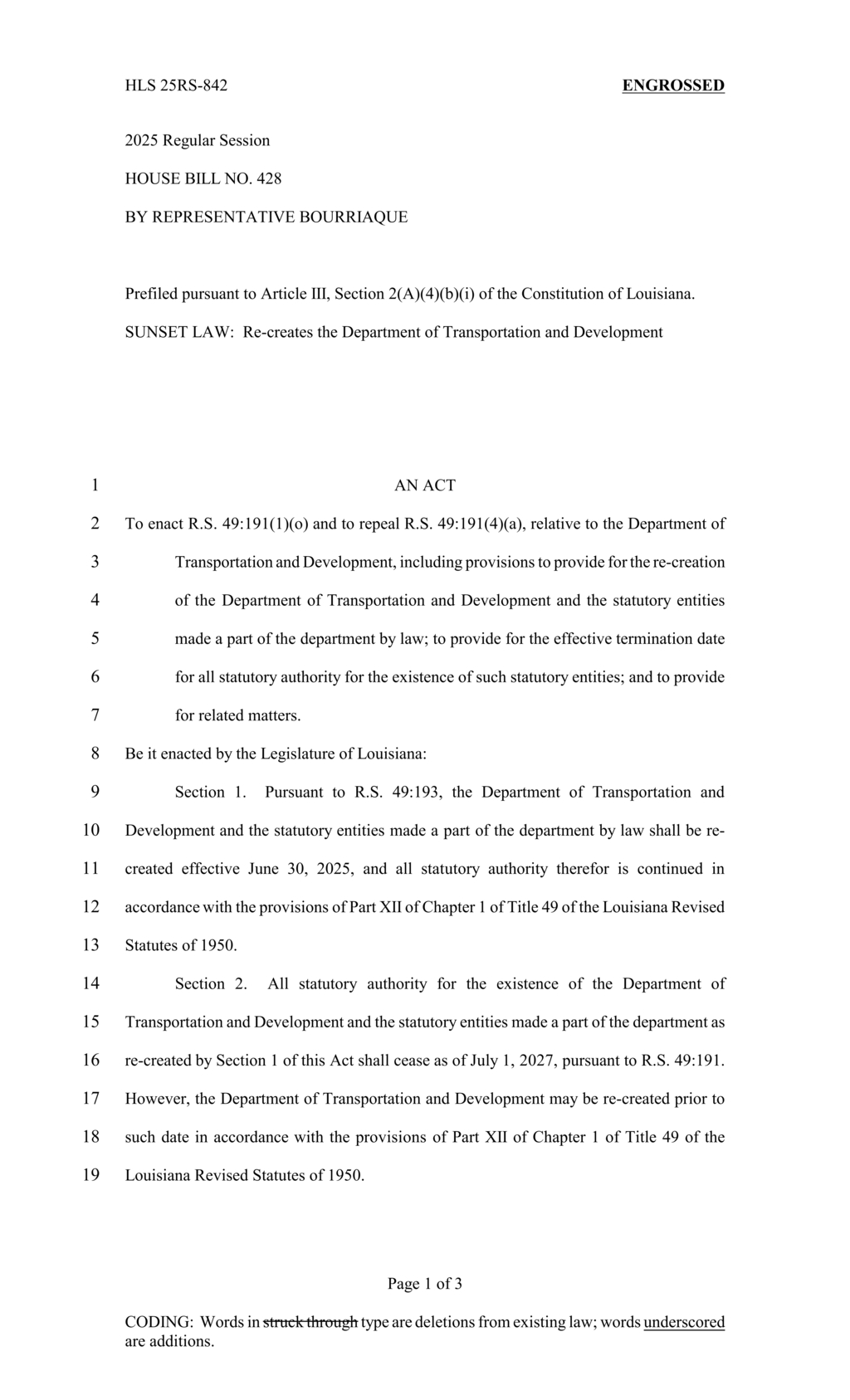 Louisiana legislature votes to re-create Department of Transportation and Development