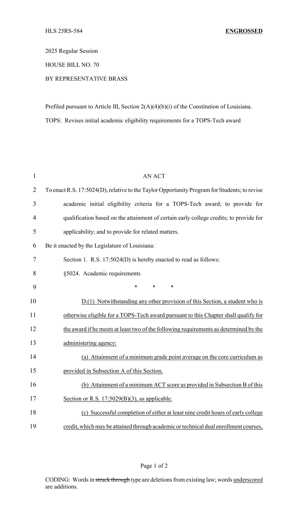 Legislature expands TOPS-Tech award eligibility for dual enrollment students