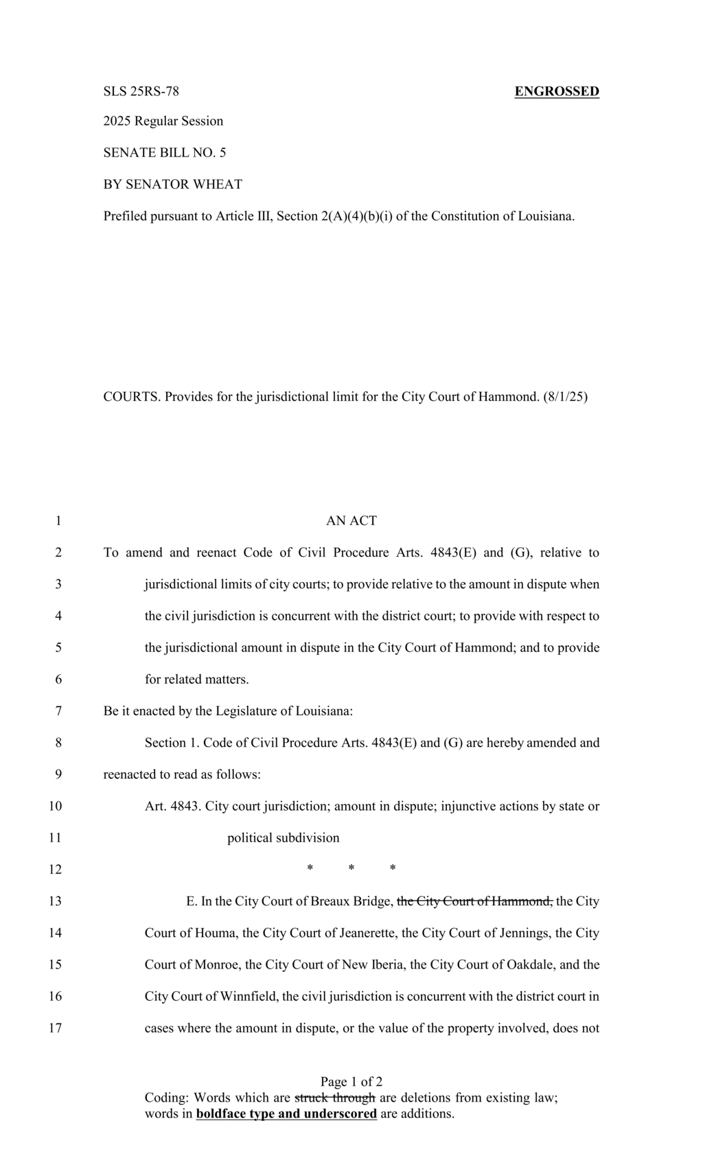 Louisiana Legislature raises City Court of Hammond jurisdiction threshold to $50,000