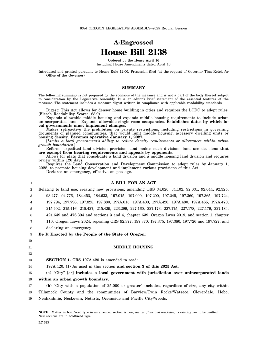 Oregon Legislature amends land use review processes in HB 2138