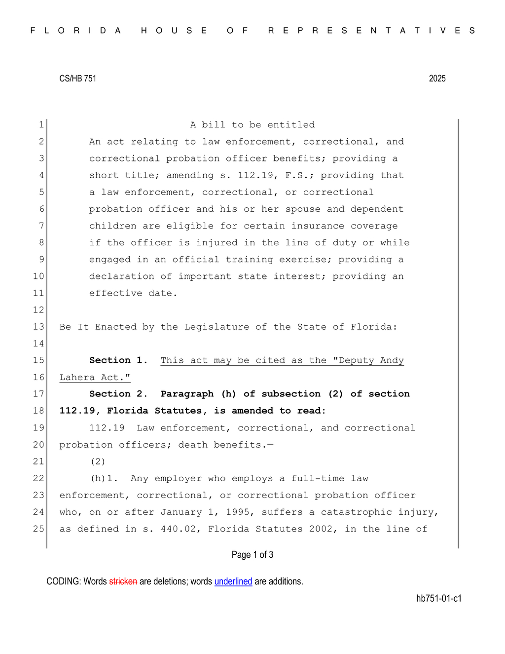 Florida legislators propose Deputy Andy Lahera Act for officer family benefits