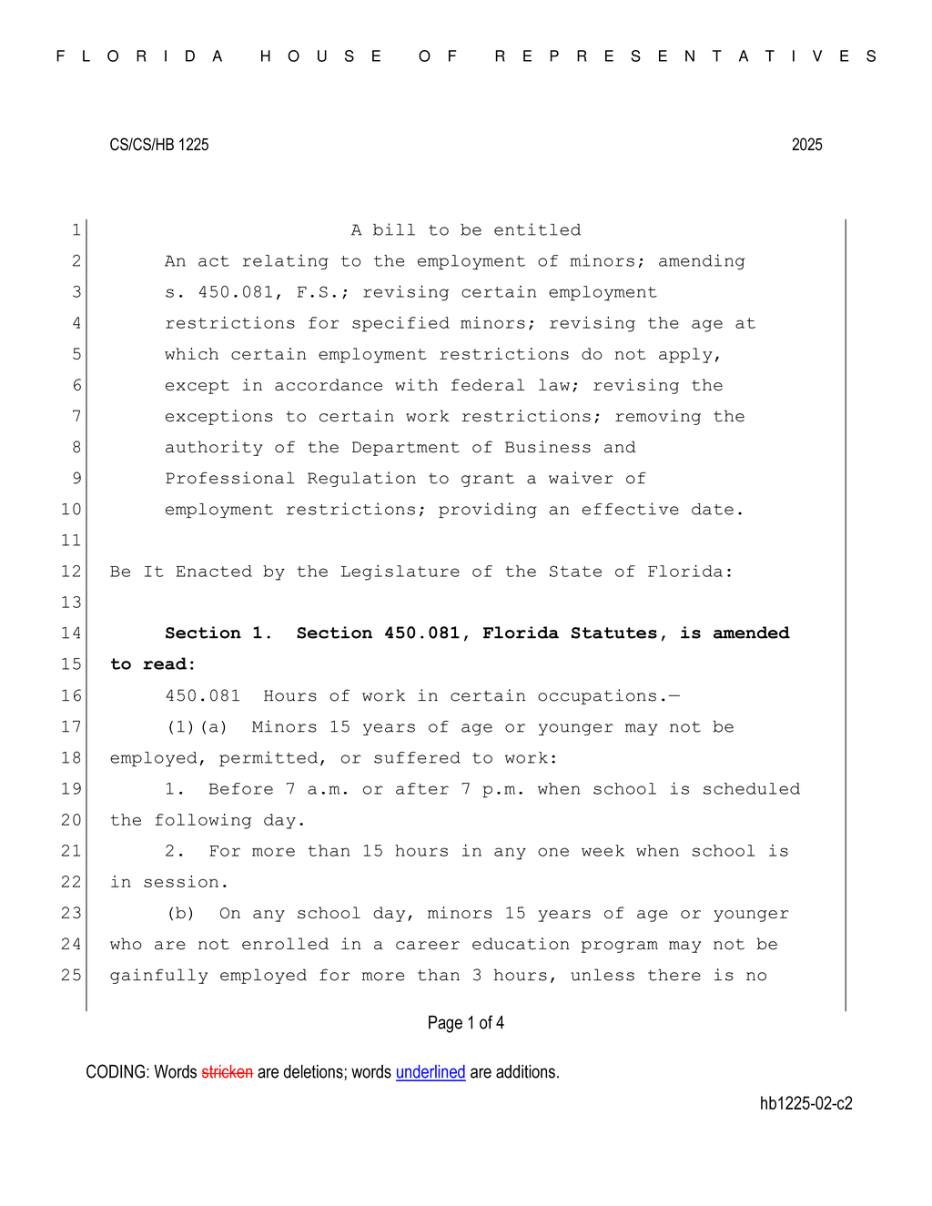 Florida House approves HB 1225 limiting work hours for minors