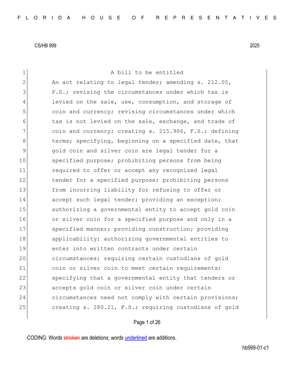 Florida House amends licensing requirements for money transmitters and coin sellers
