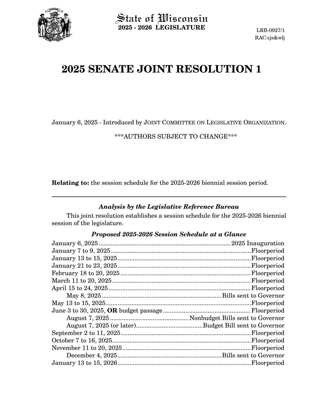 Wisconsin legislature sets 2025-2026 biennial session schedule