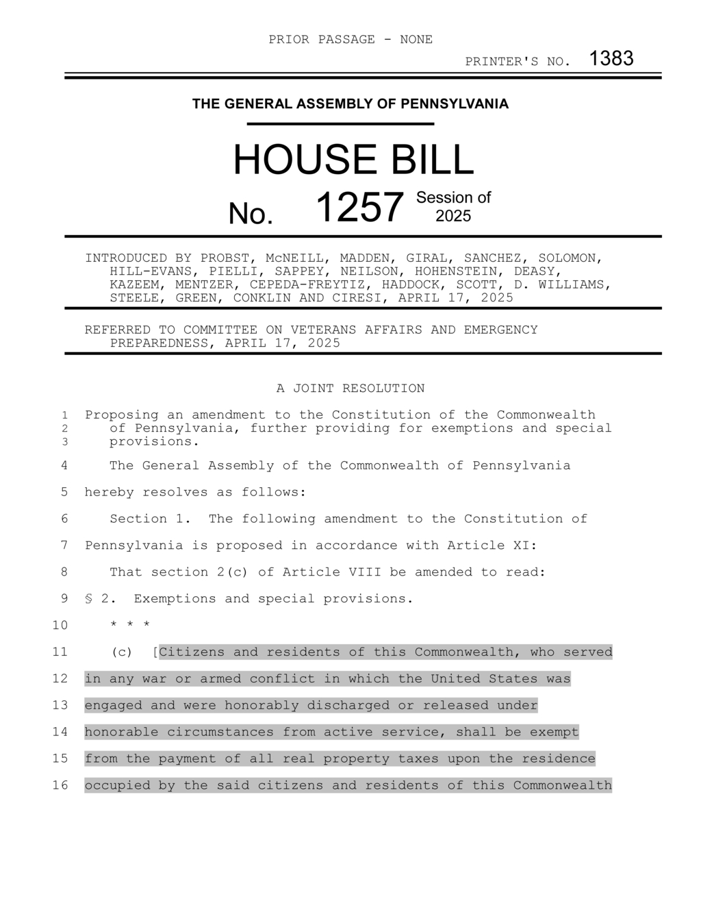 Pennsylvania proposes tax exemption for permanently disabled veterans and their spouses