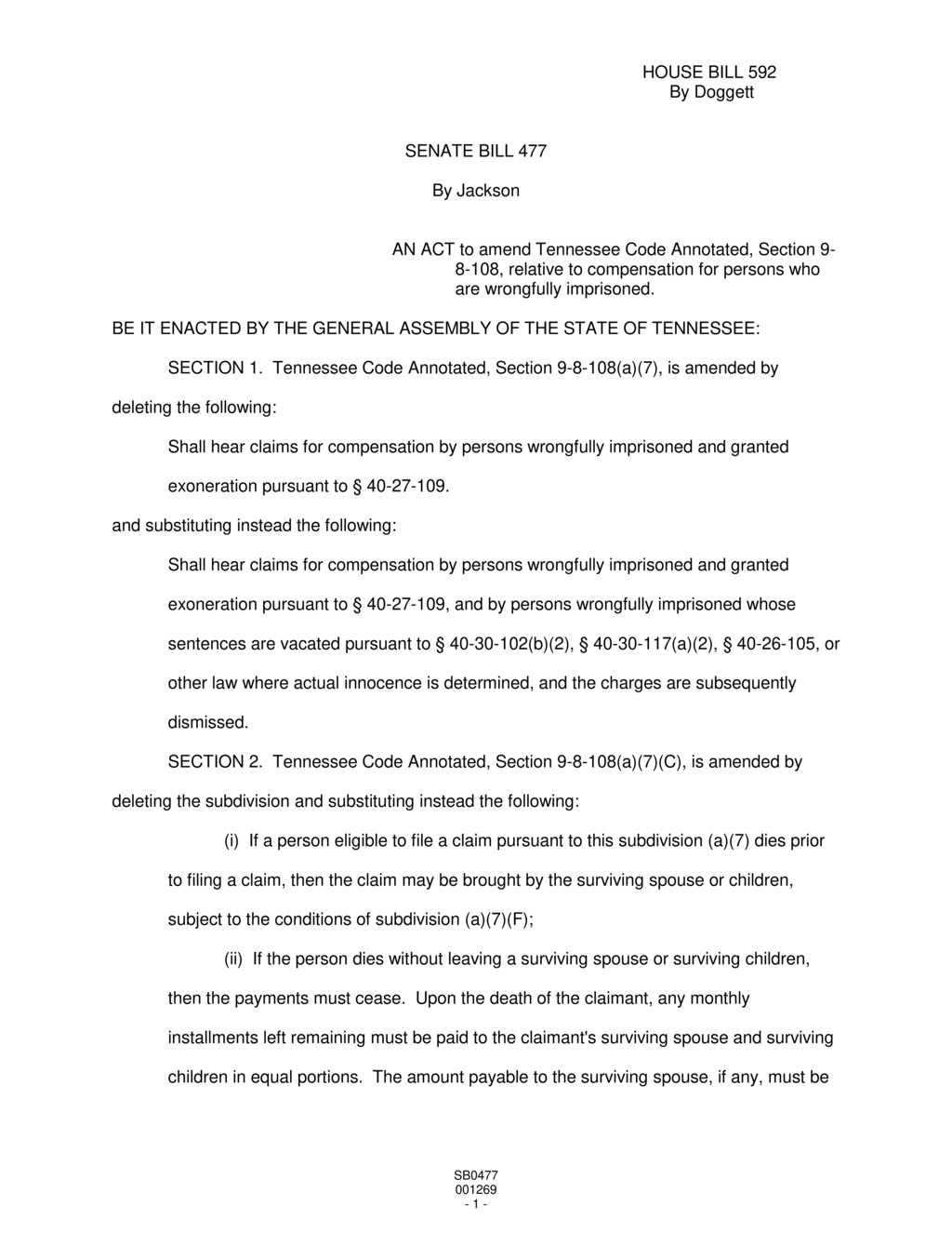 Tennessee Assembly amends compensation law for wrongfully imprisoned individuals