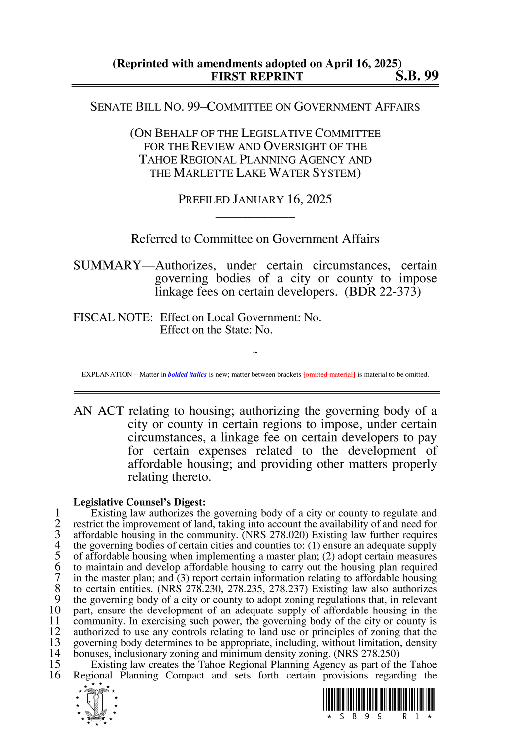 Nevada bill allows linkage fees for affordable housing in Lake Tahoe region