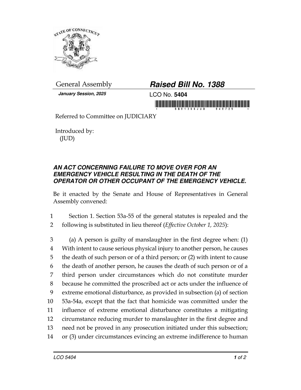 Connecticut General Assembly introduces Manslaughter bill for failure to yield to emergency vehicles