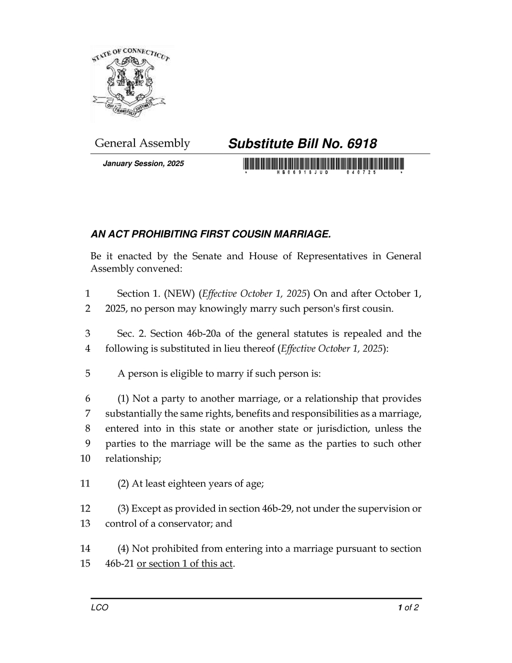 Connecticut General Assembly passes law banning first cousin marriages