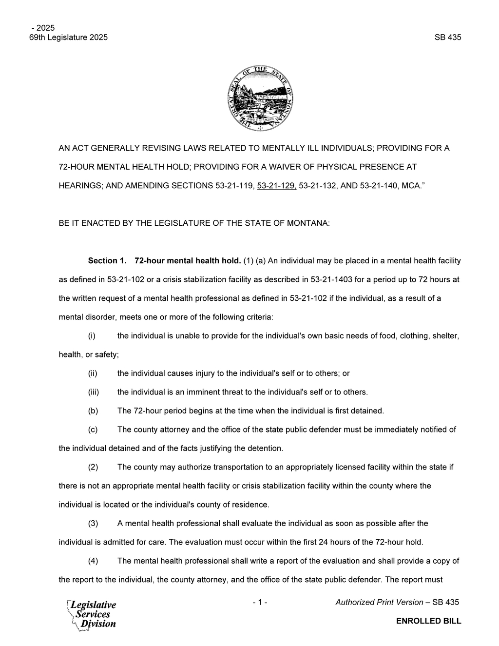 Montana Legislature enacts 72-hour mental health hold provision in SB 435