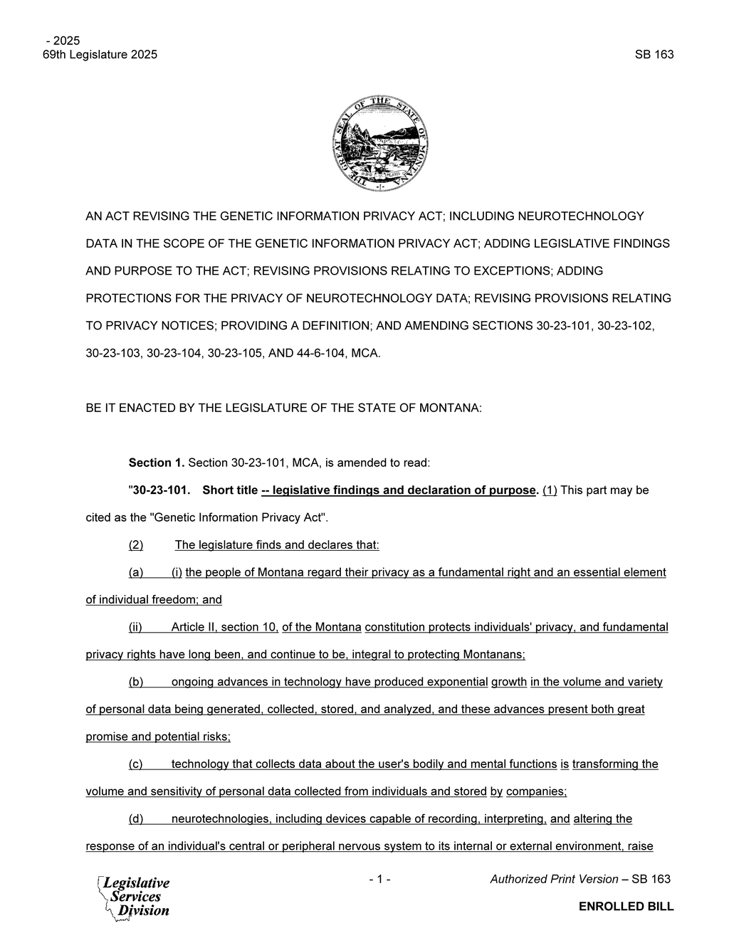 Montana Legislature approves SB 163 regulating genetic and neurotechnology data processing