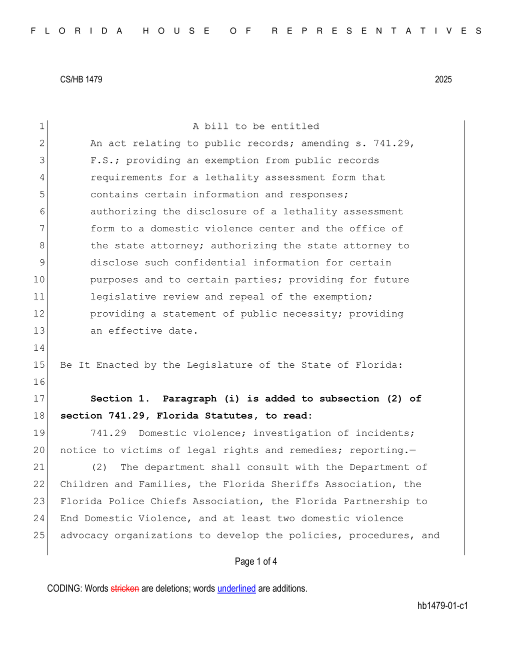 Florida House approves bill exempting lethality assessment forms from public records